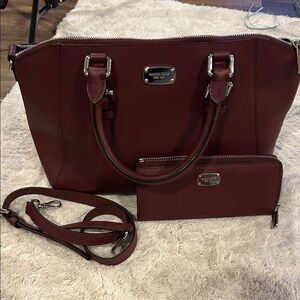 Michael Kors Deep Burgundy Satchel and Wallet Set with strap